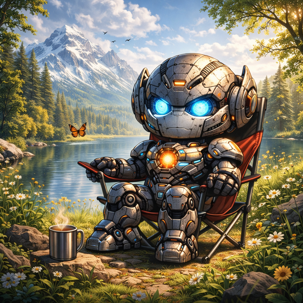 a chibi robot sitting in a chair in the forest 